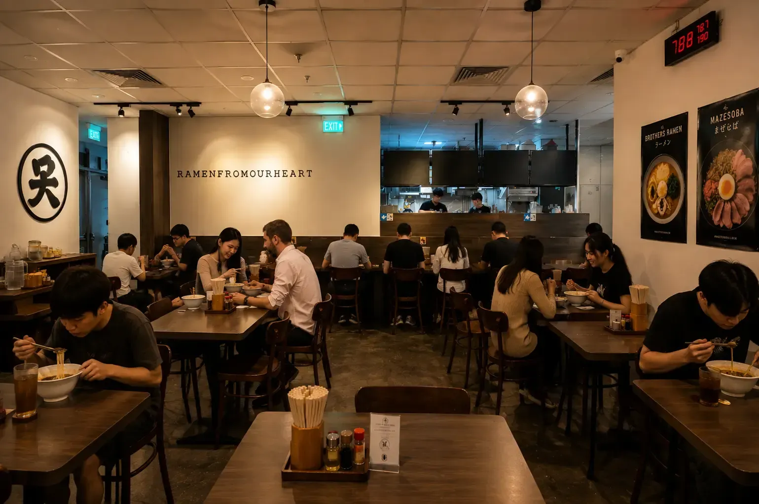 Warmly lit interior of a crowded ramen shop with patrons dining at wooden tables.