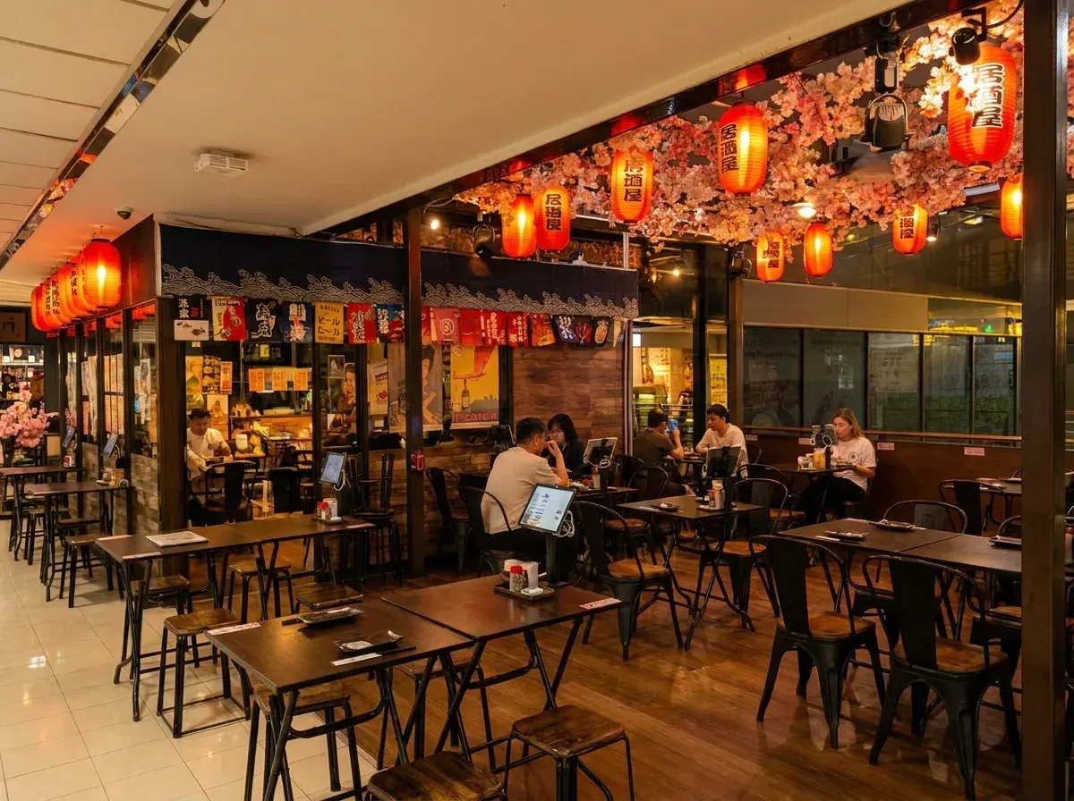 A cozy, brightly lit Japanese restaurant or izakaya interior, featuring wooden tables and metal chairs with customers dining under a ceiling decorated with pink cherry blossoms and glowing red paper lanterns.