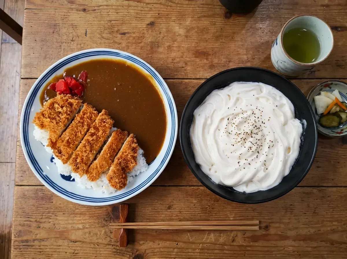 Overhead view of a plate of Japanese chicken katsu curry rice served next to a bowl of white curry udon topped with whipped cream.