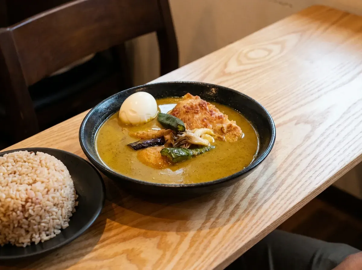 Wooden table setting with a plate of Japanese curry rice and a bowl of rich ramen topped with vegetables and egg