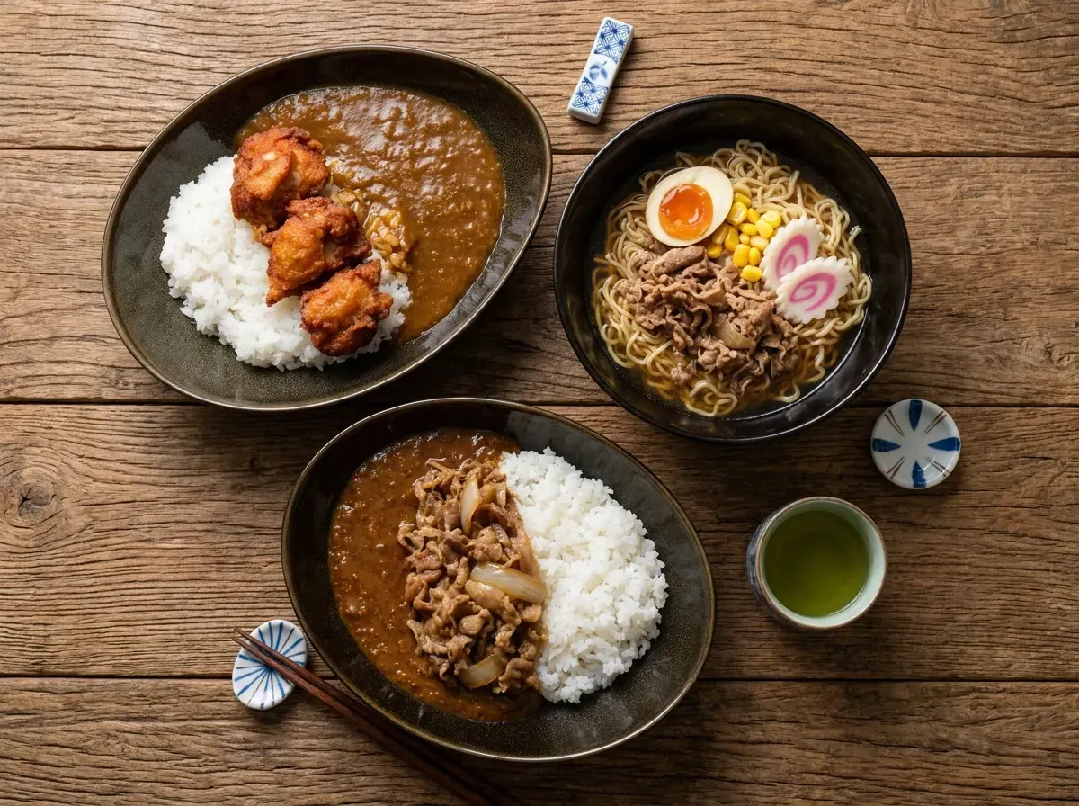 Japanese meal set featuring two bowls of curry rice—one with karaage fried chicken and one with beef—alongside a bowl of ramen and green tea on a wooden tabletop.