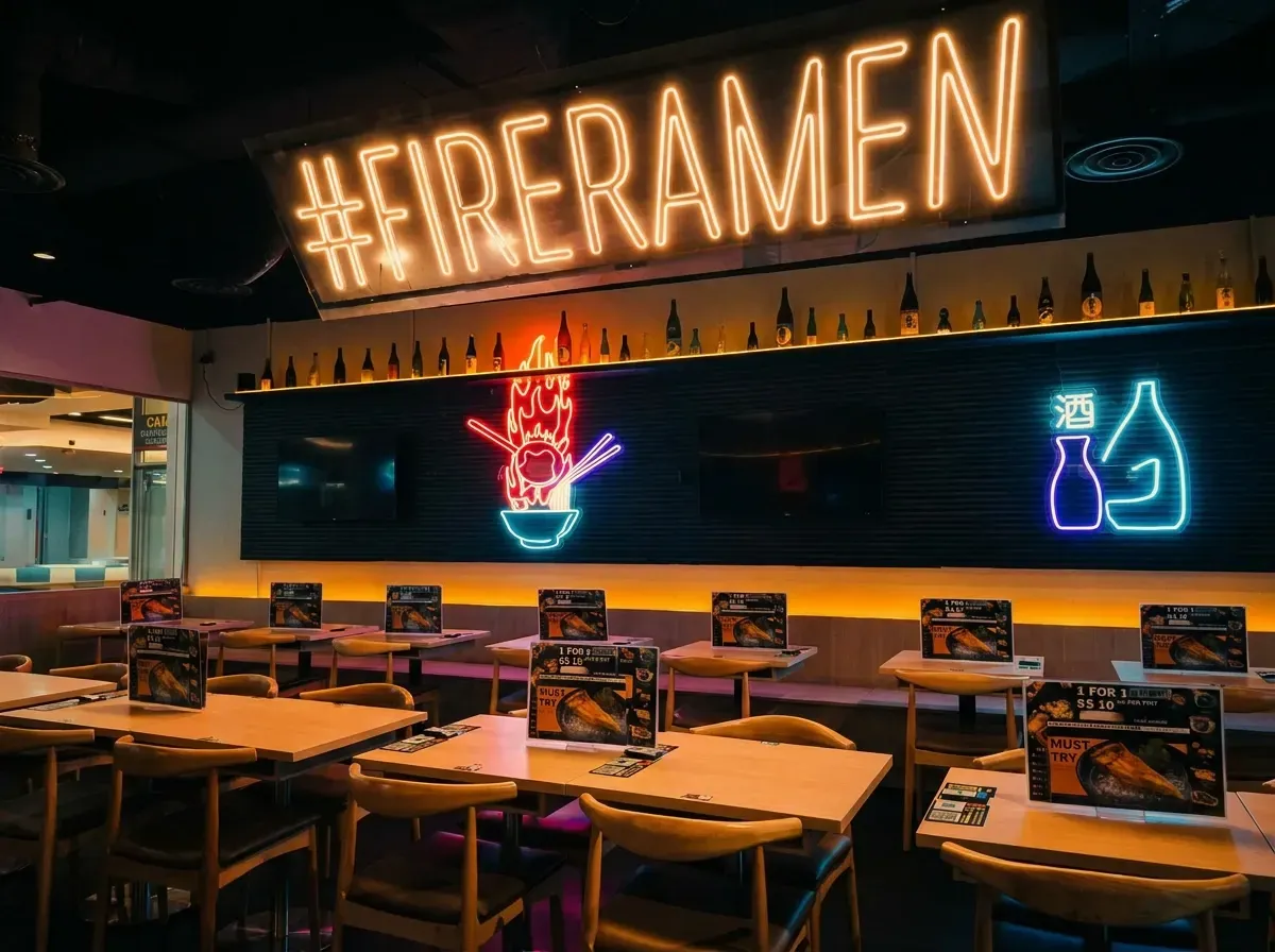 Dining area of Menbaka Fire Ramen showing empty wooden tables under a glowing 