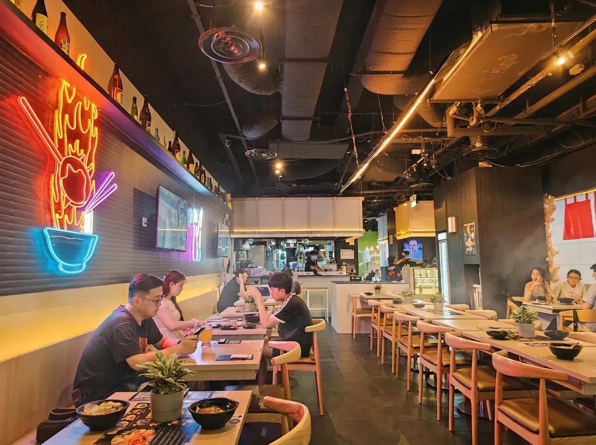 Interior of a brightly lit Japanese restaurant featuring wooden dining tables and a flaming ramen neon sign.