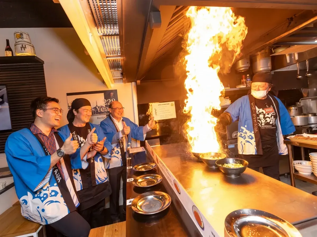 Chef creating a dramatic burst of flames over a bowl of ramen while diners give a thumbs-up.