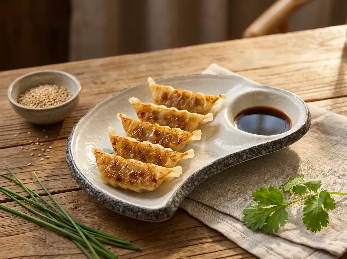 Plate of pan-fried gyoza dumplings served with dipping sauce, sesame seeds, and fresh herbs.