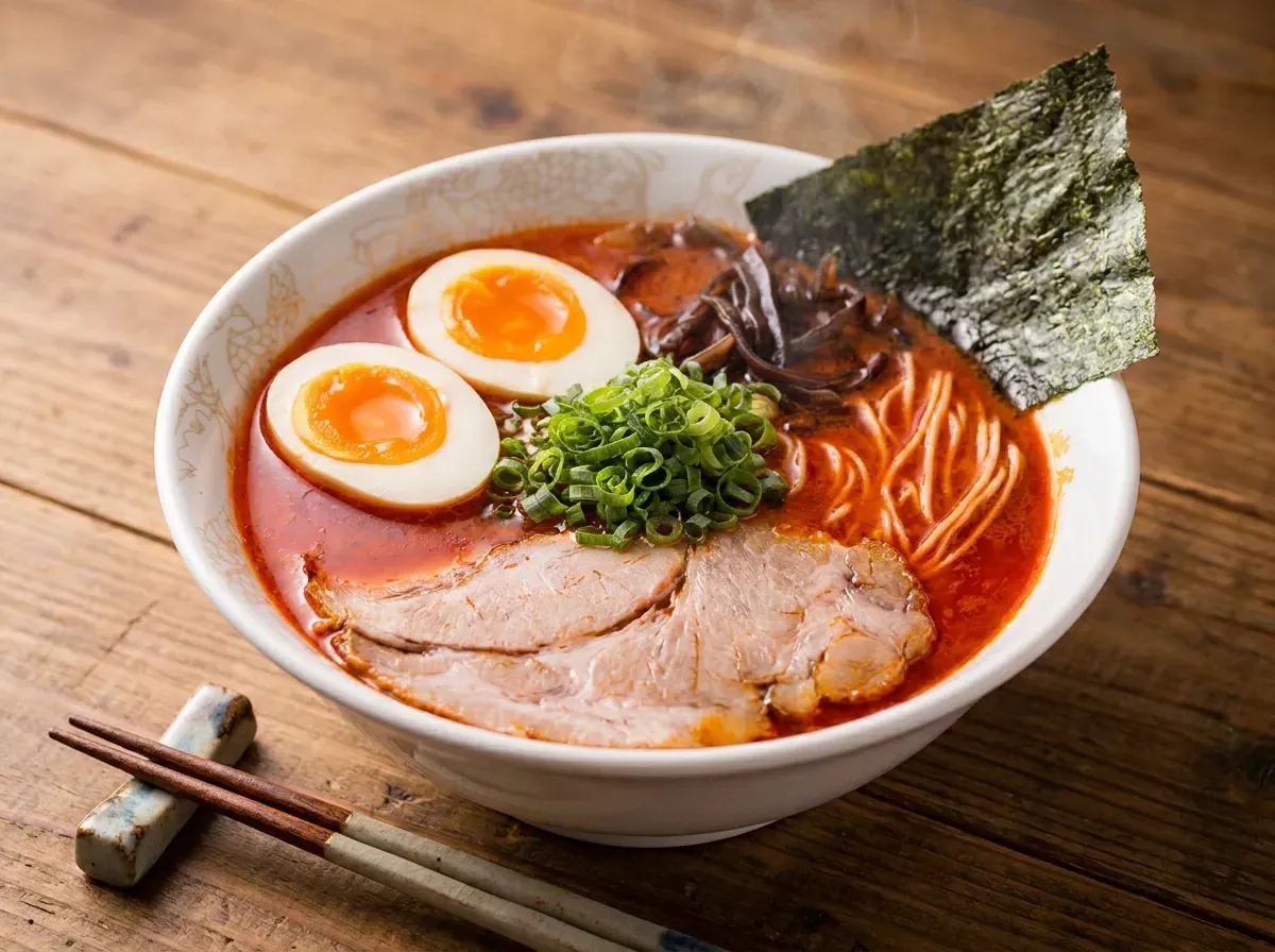 Spicy red broth ramen with a soft-boiled egg, sliced pork, scallions, and nori seaweed.