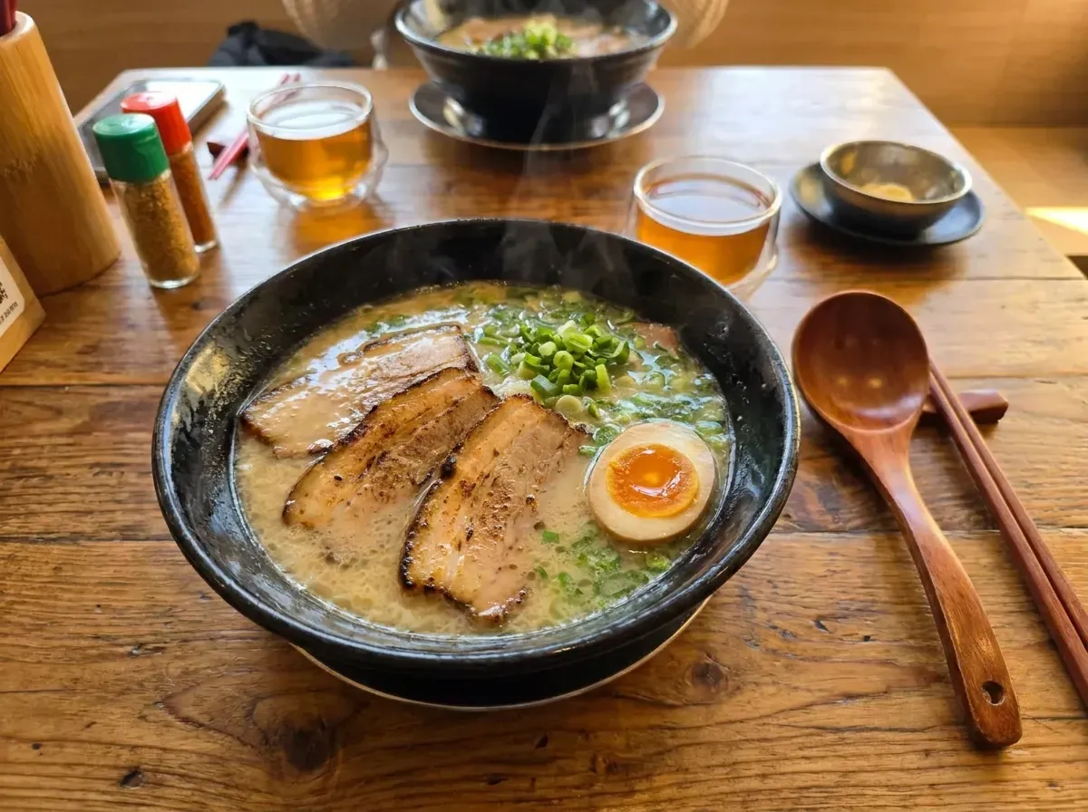 Hot bowl of ramen topped with sliced chashu pork, scallions, and a soft-boiled egg.