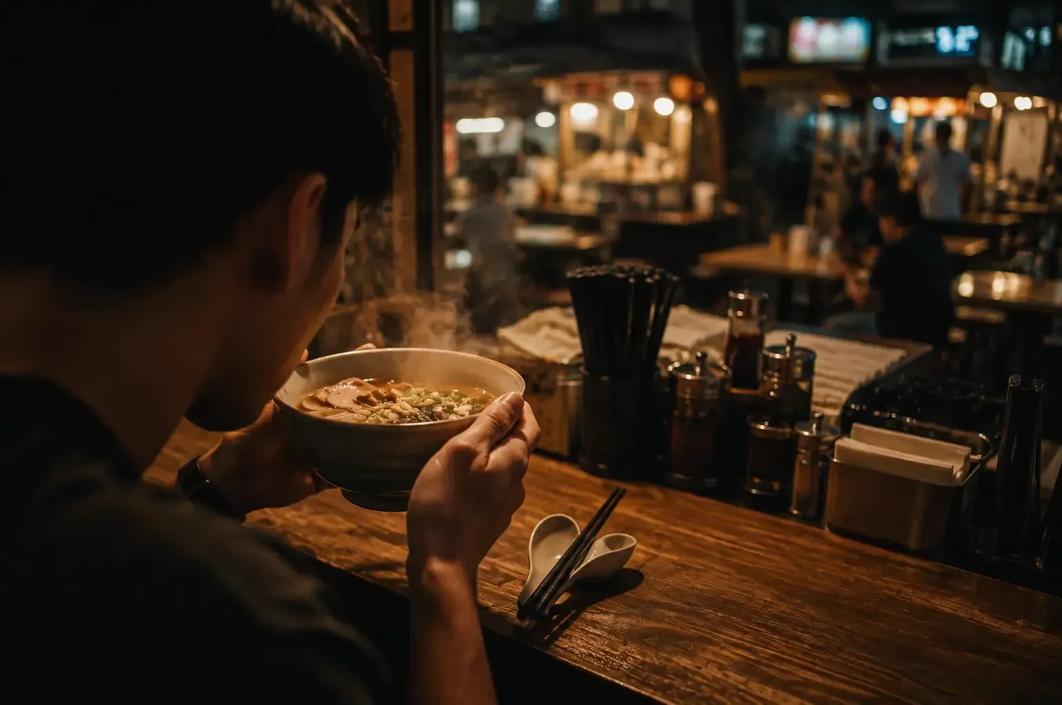 A person holding a bowl of hot noodle soup at an outdoor night market counter.