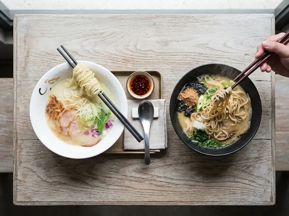 Overhead view of two ramen bowls on a wooden table, with chopsticks lifting a portion of noodles.