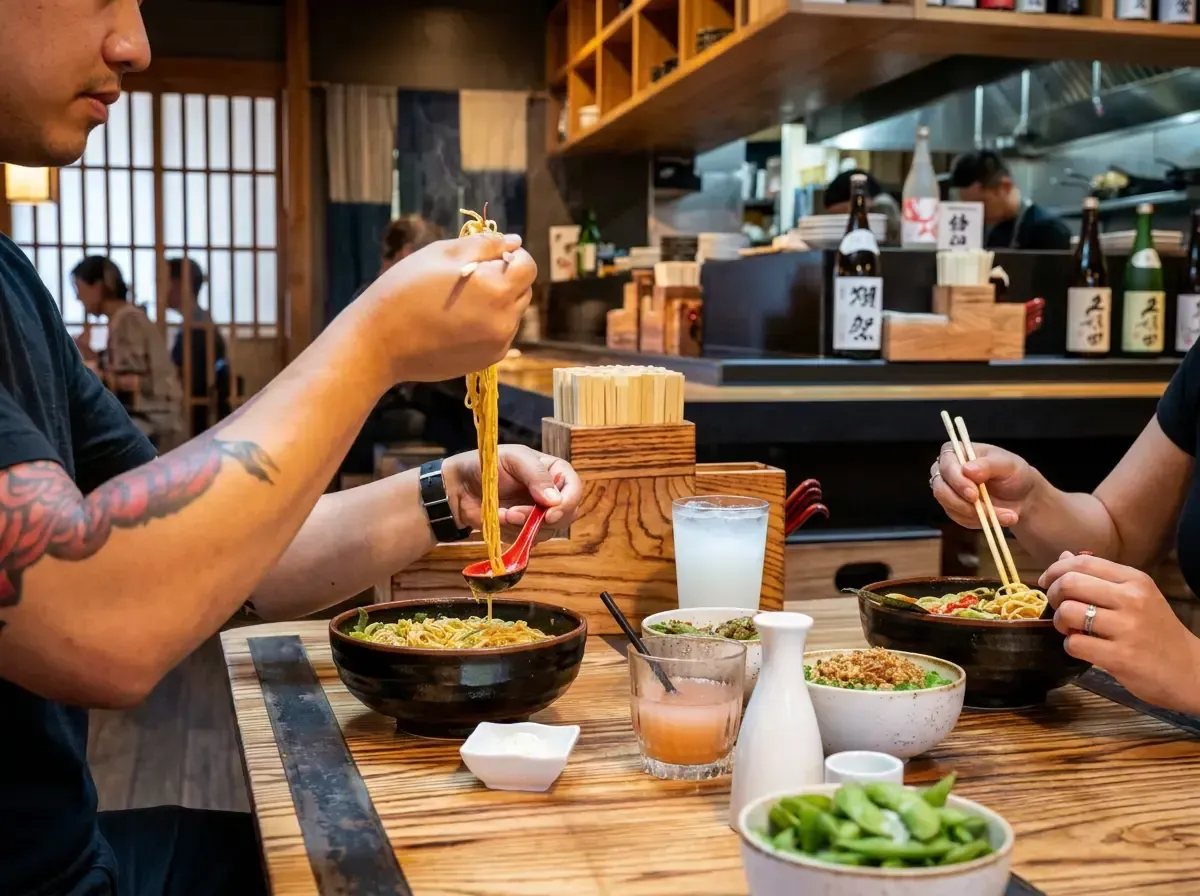 Diners using chopsticks to eat bowls of ramen at a table inside a Japanese restaurant.