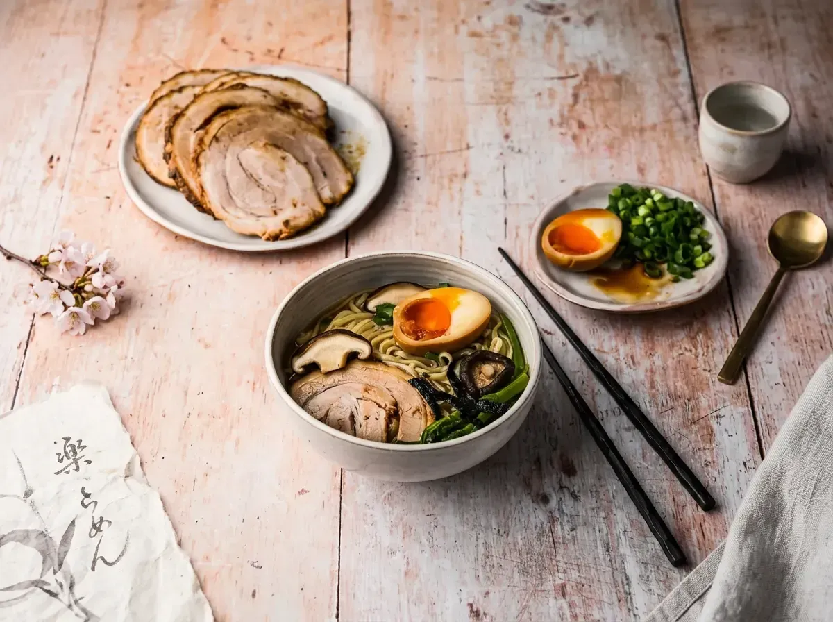 Flat lay of a ramen bowl topped with shiitake mushrooms and a soft-boiled egg, served with extra chashu pork slices.