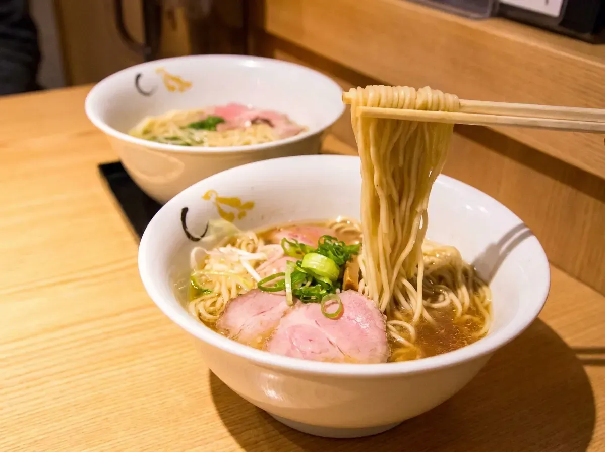 Chopsticks lifting ramen noodles from a steaming white bowl on a light wood table.
