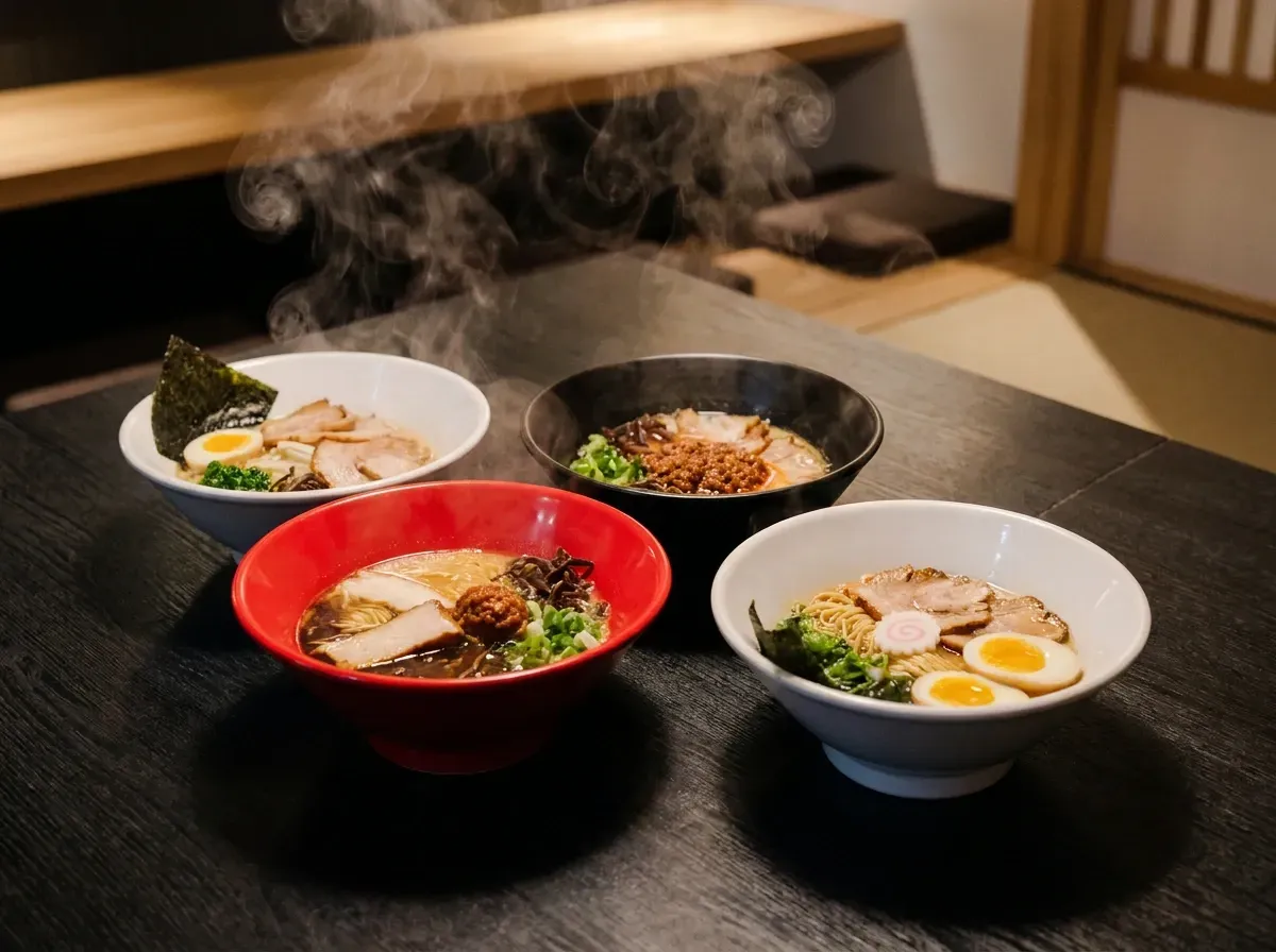 Four steaming bowls of ramen with various toppings set on a dark wooden table in a Japanese restaurant.
