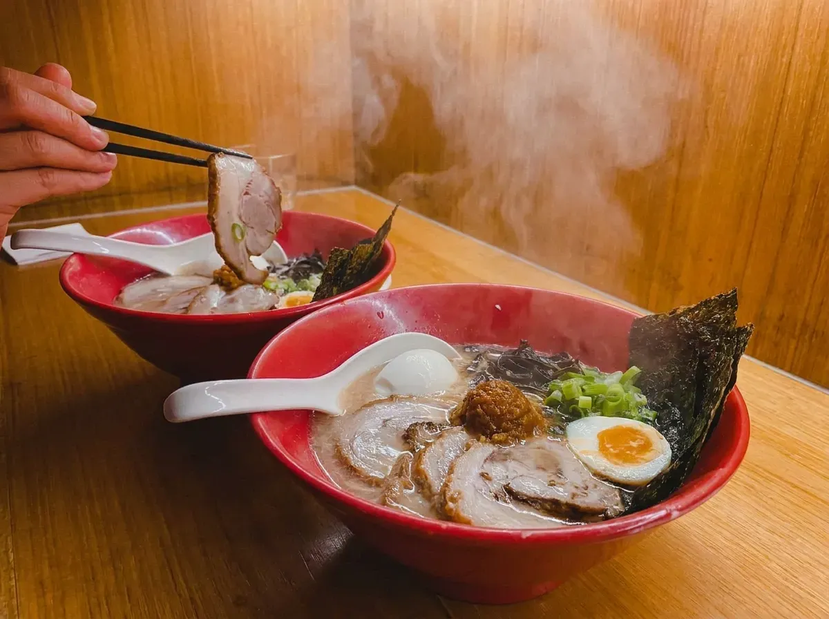 Chopsticks lifting a slice of chashu pork over a steaming red bowl of ramen.