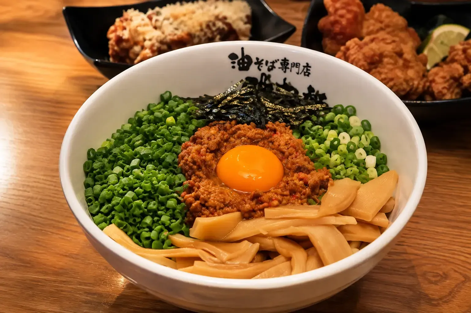 A bowl of dry ramen topped with minced pork, a raw egg yolk, bamboo shoots, green onions, and nori seaweed.