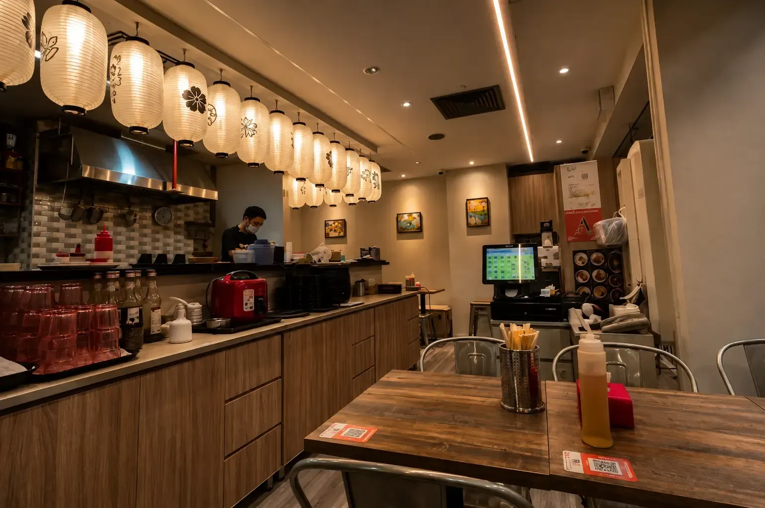 Interior of Kajiken featuring wooden tables, a kitchen counter, and traditional Japanese paper lanterns hanging overhead.