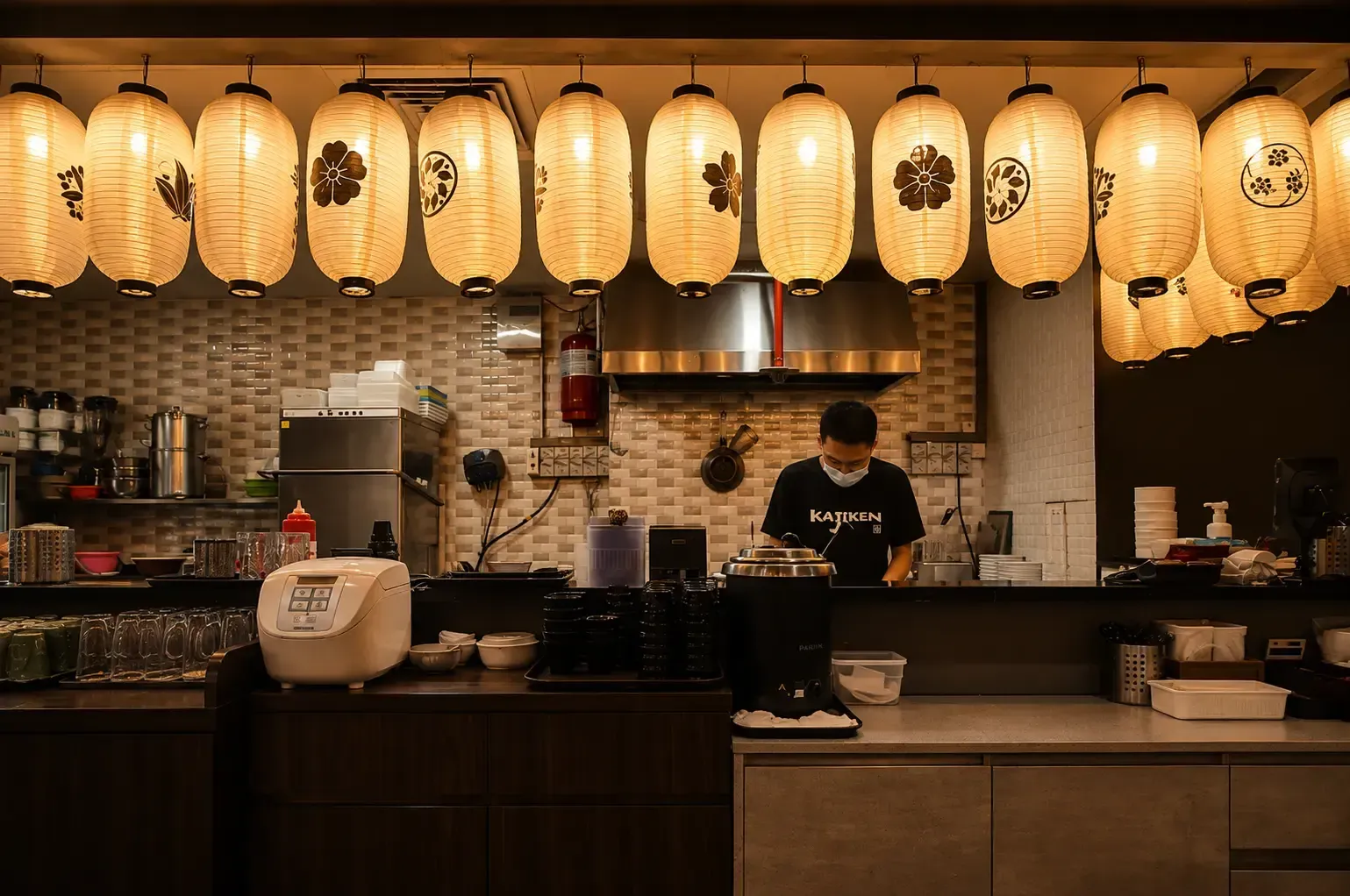 Kitchen counter of Kajiken with a cook working beneath a row of glowing Japanese paper lanterns.