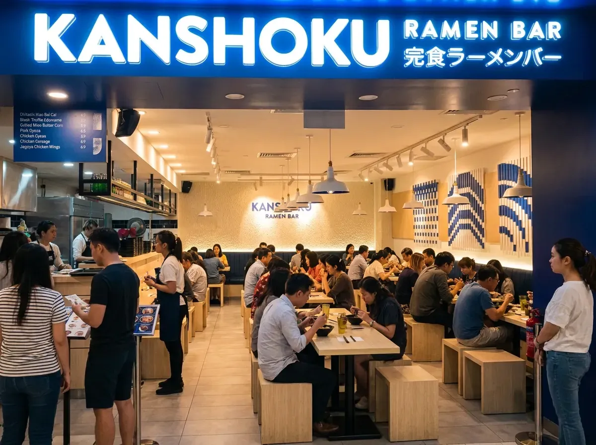 Wide view of the entrance to Kanshoku Ramen Bar featuring a bright blue glowing sign.