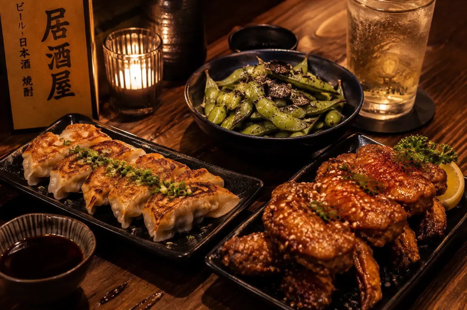 A wooden table spread with platters of pan-fried gyoza, glazed fried chicken wings, truffle edamame, and drinks.