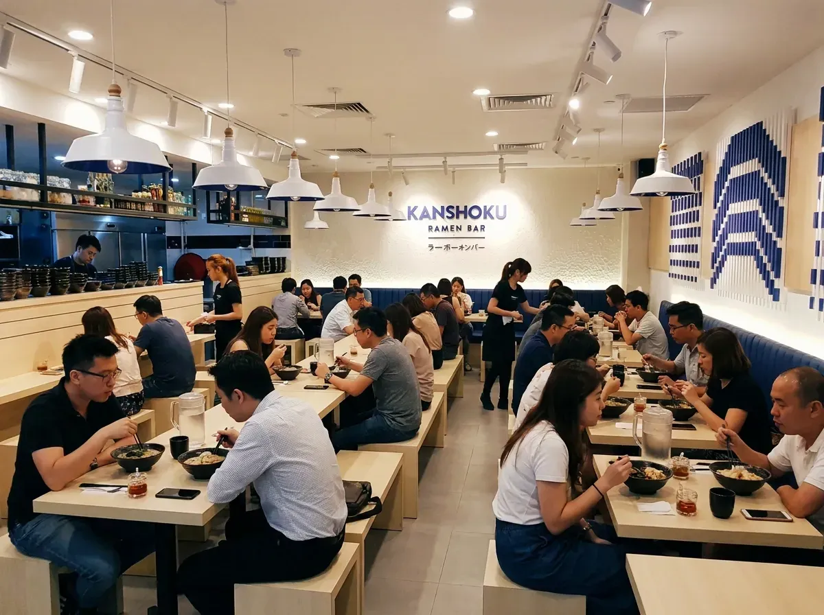Customers dining at long wooden tables under white pendant lamps inside Kanshoku Ramen Bar.