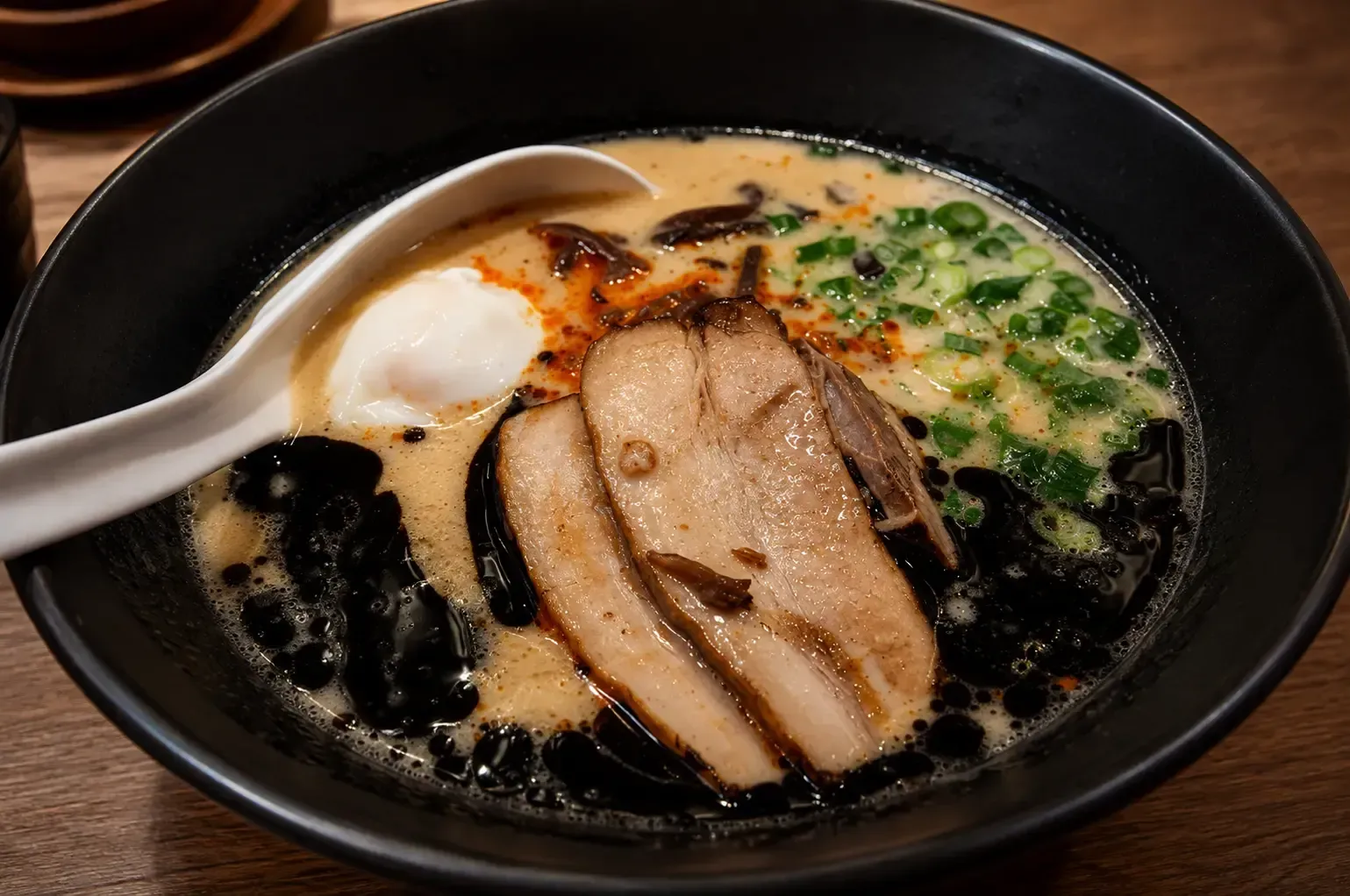 A bowl of ramen served in rich broth laced with black garlic oil, topped with chashu pork slices, scallions, and a soft egg.