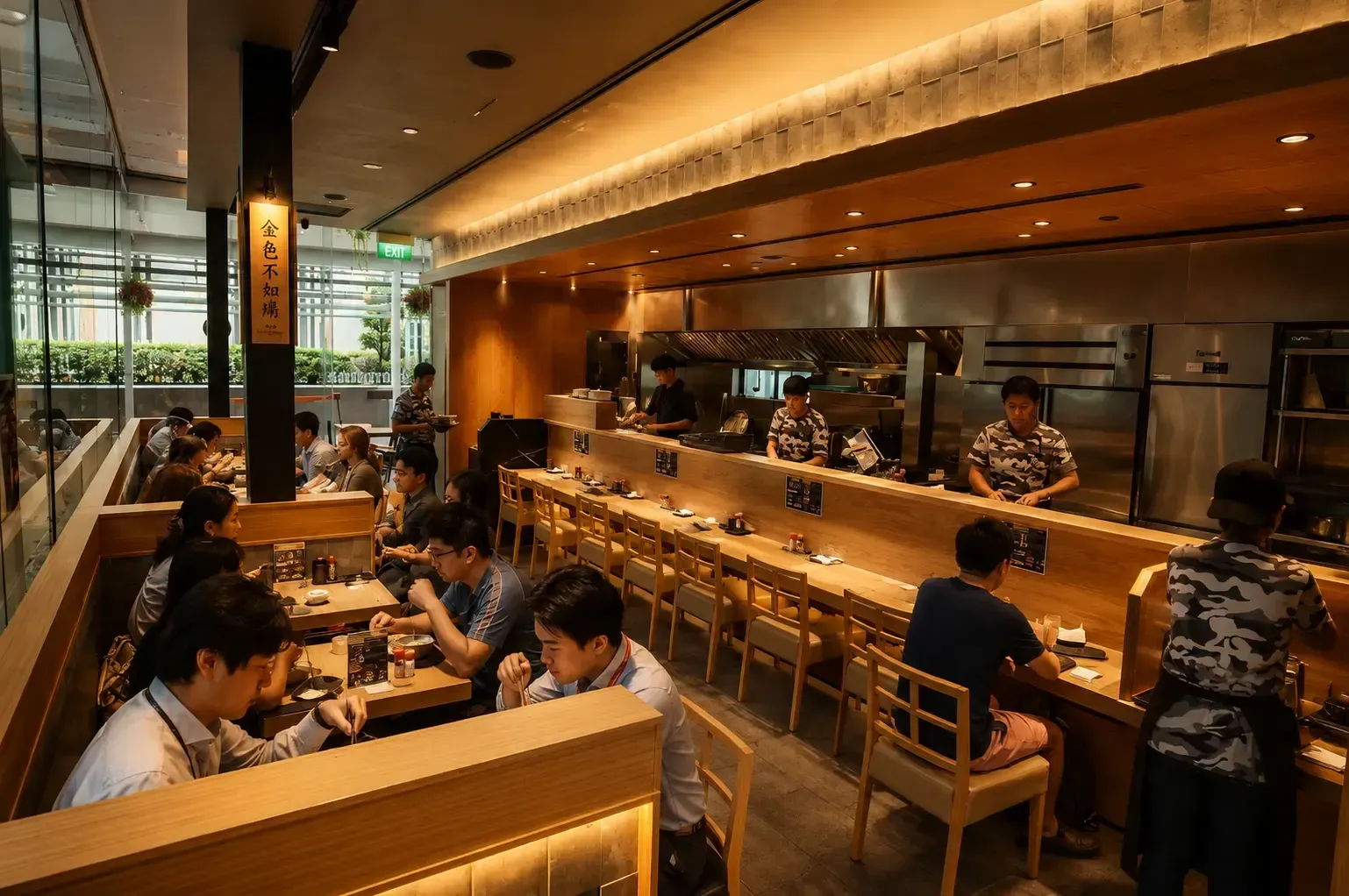 Customers eating inside a brightly lit Japanese ramen restaurant with wooden counter seating and tables.