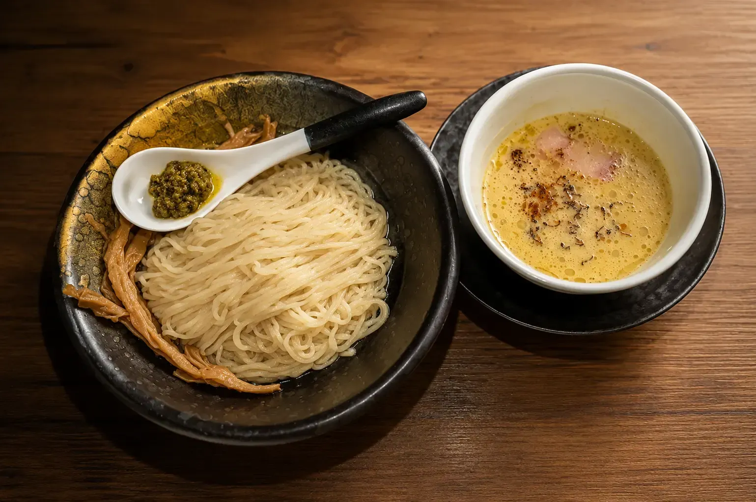 Cold ramen noodles served with pesto-like topping on a spoon alongside a separate bowl of rich dipping broth.