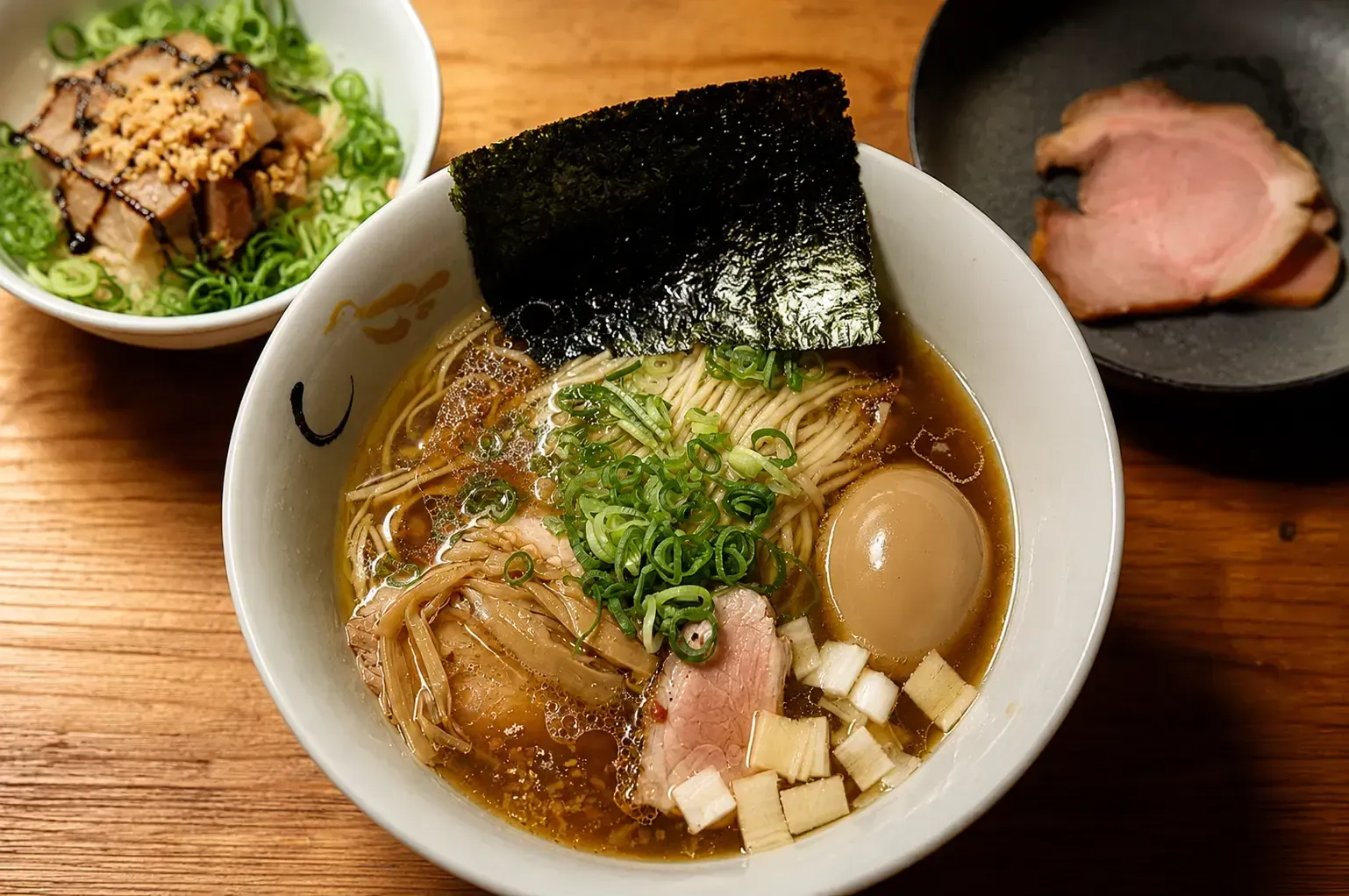 A bowl of shoyu ramen topped with green onions, a soft-boiled egg, sea weed, bamboo shoots, and sliced pork.