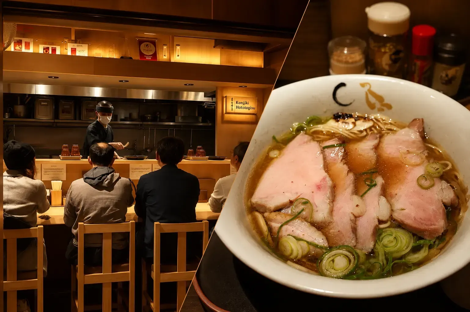 Split image showing customers seated at a ramen counter on the left and a close-up of chashu ramen on the right.