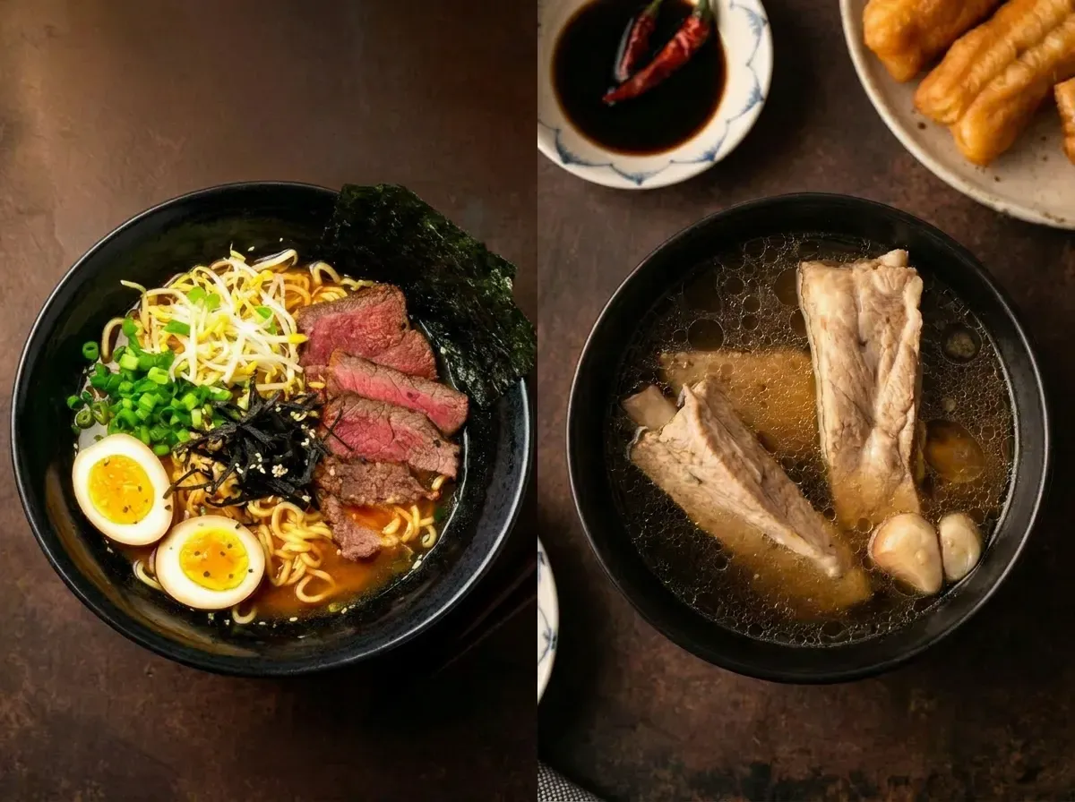 An overhead view of two dark bowls side-by-side: on the left, a vibrant ramen with sliced beef, soft-boiled eggs, and green onions; on the right, a clear, comforting pork rib soup (Bak Kut Teh) with garlic cloves, accompanied by small side dishes.