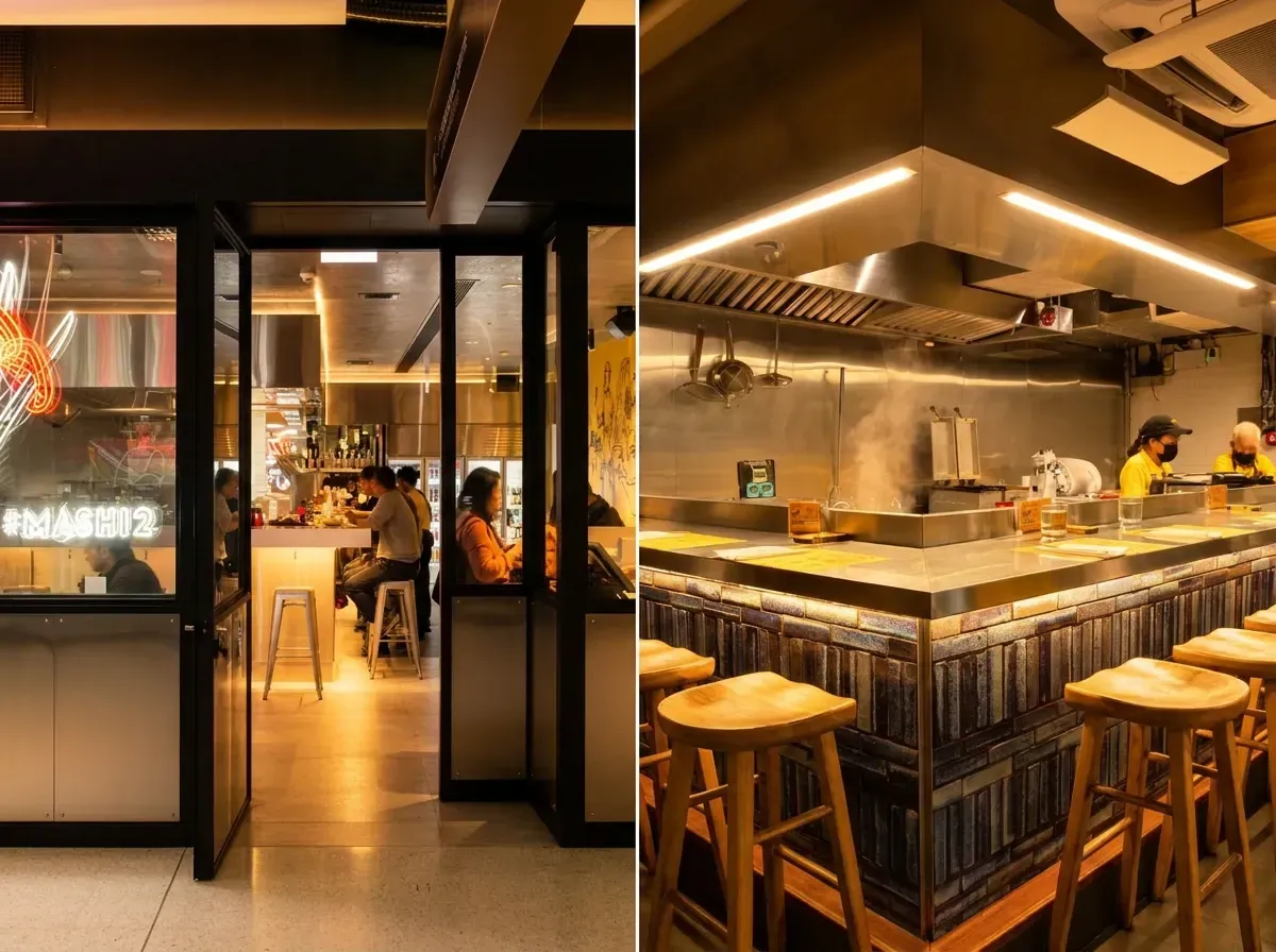 A split image showing the sleek glass entrance of a modern ramen restaurant on the left, and its warm, warmly lit interior on the right, featuring an open kitchen, a tiled counter with wooden stools, and steaming cooking stations.