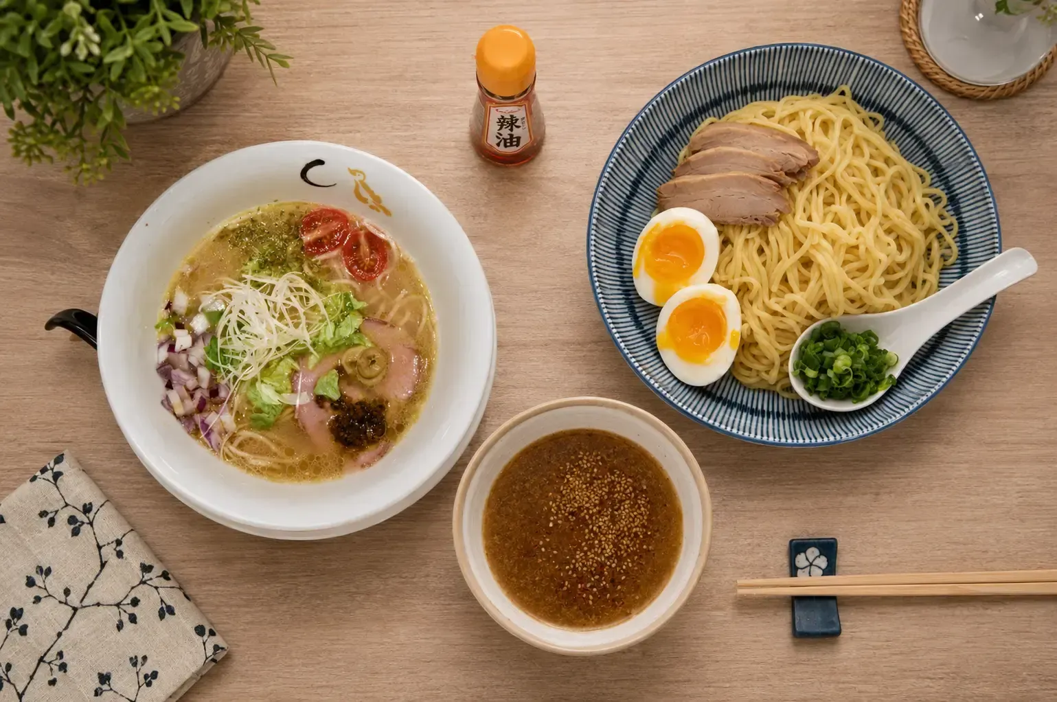Flat lay of a bowl of soup ramen with toppings next to a plate of cold ramen noodles served with sliced chashu pork, soft-boiled eggs, dipping sauce, and chili oil.