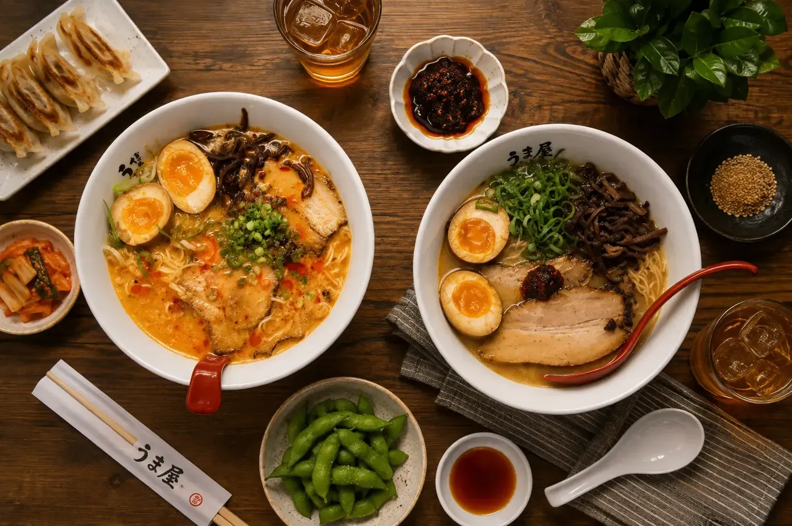 Flat lay of two bowls of ramen with soft-boiled eggs and chashu pork, served with pan-fried gyoza, edamame, kimchi, and iced tea.