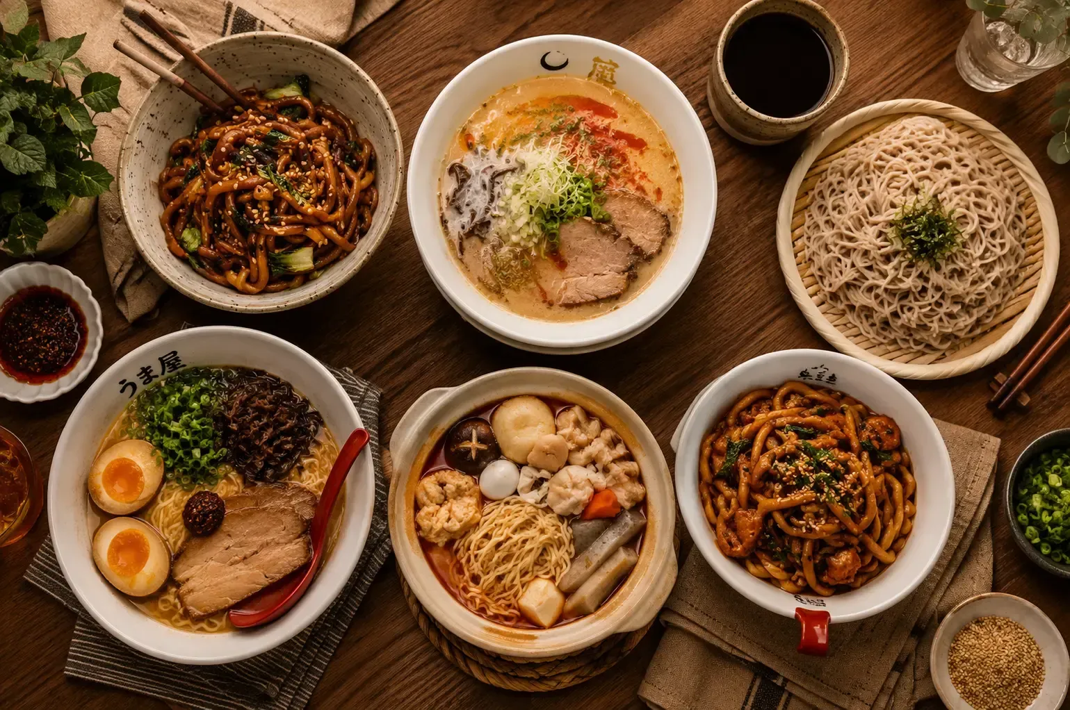 Flat lay of six Japanese noodle dishes, including various ramen, stir-fried udon, and cold soba noodles, arranged on a wooden table.