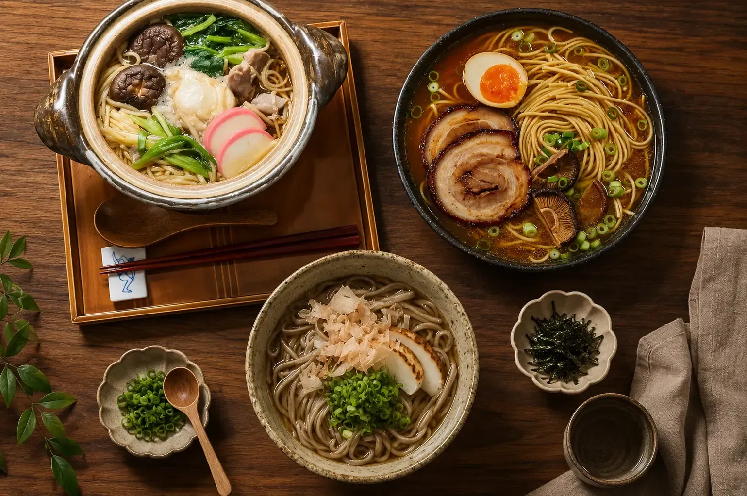 Overhead view of three Japanese noodle dishes, including hot clay pot noodles, soy sauce ramen with chashu pork, and soba noodles with scallions and fish cake.