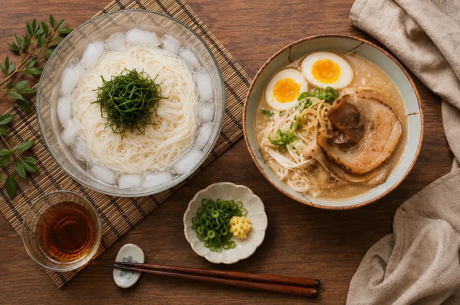 Flat lay of a glass bowl of chilled noodles in ice water next to a warm bowl of tonkotsu ramen topped with soft-boiled eggs and pork belly.