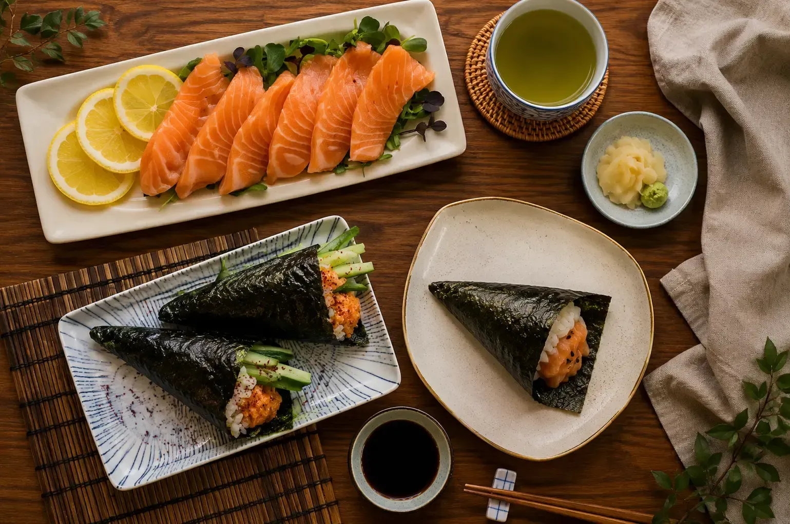 Flat lay featuring fresh salmon sashimi slices with lemon, alongside spicy salmon hand-rolled temaki sushi, green tea, and soy sauce.