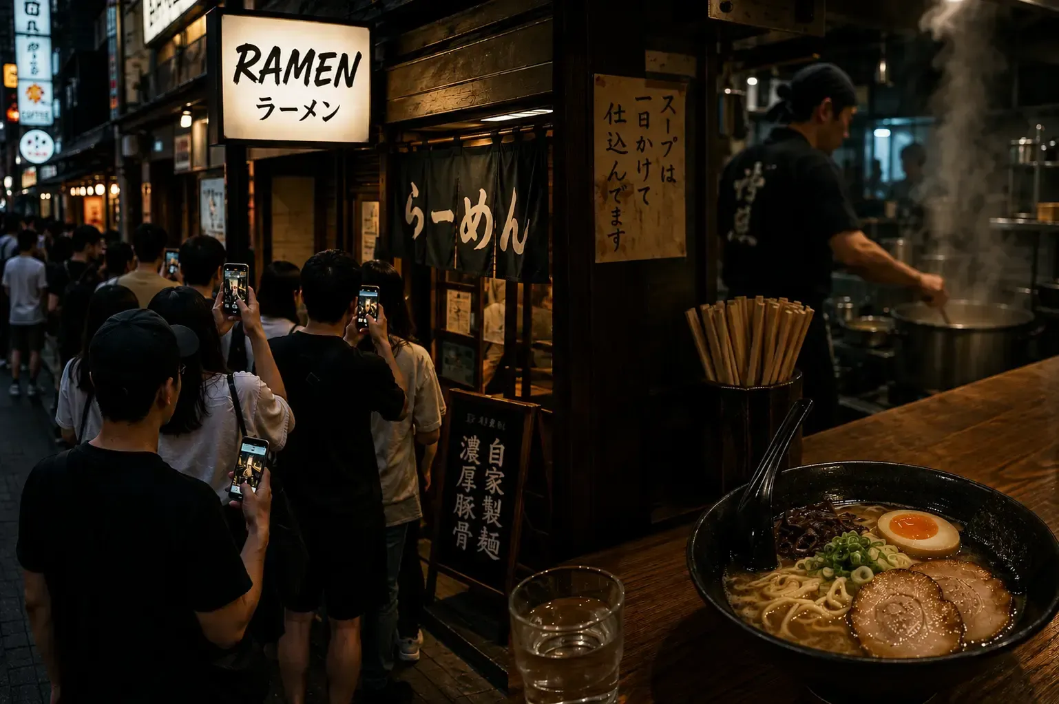 People taking photos in line outside a glowing ramen shop, with a hot bowl of ramen.