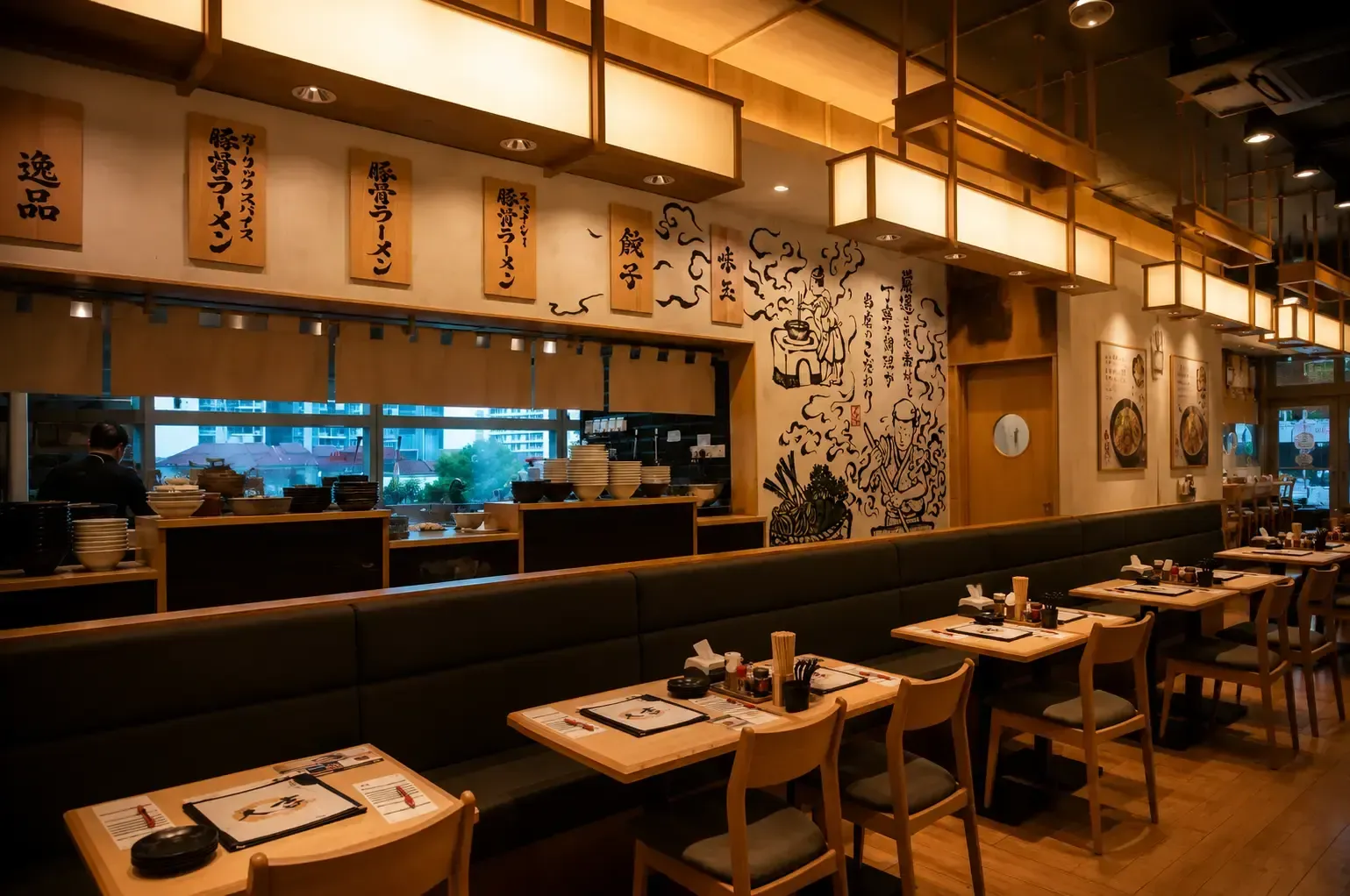 Interior view of an empty ramen restaurant with wooden tables and chairs set up alongside a long black cushioned booth, underneath Japanese menu plaques and a decorative wall mural.