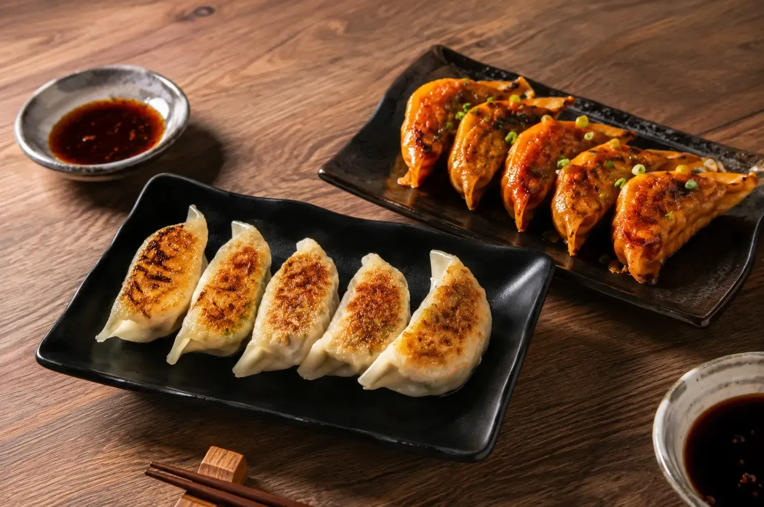 Two plates of pan-fried Japanese gyoza dumplings, one classic and one spicy, served on a wooden table with small bowls of dipping sauce.