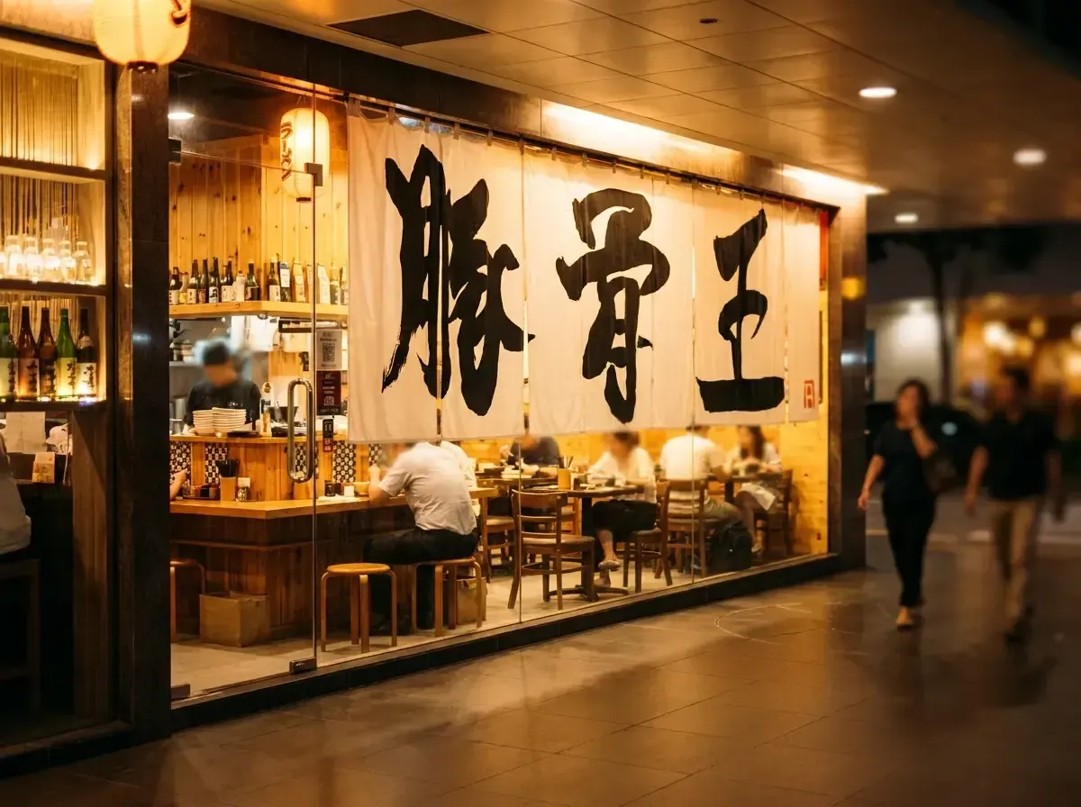 A brightly lit Japanese ramen shop storefront at night, visible through a large glass window behind a white noren curtain with bold calligraphy, showing customers dining at wooden tables and a counter inside.