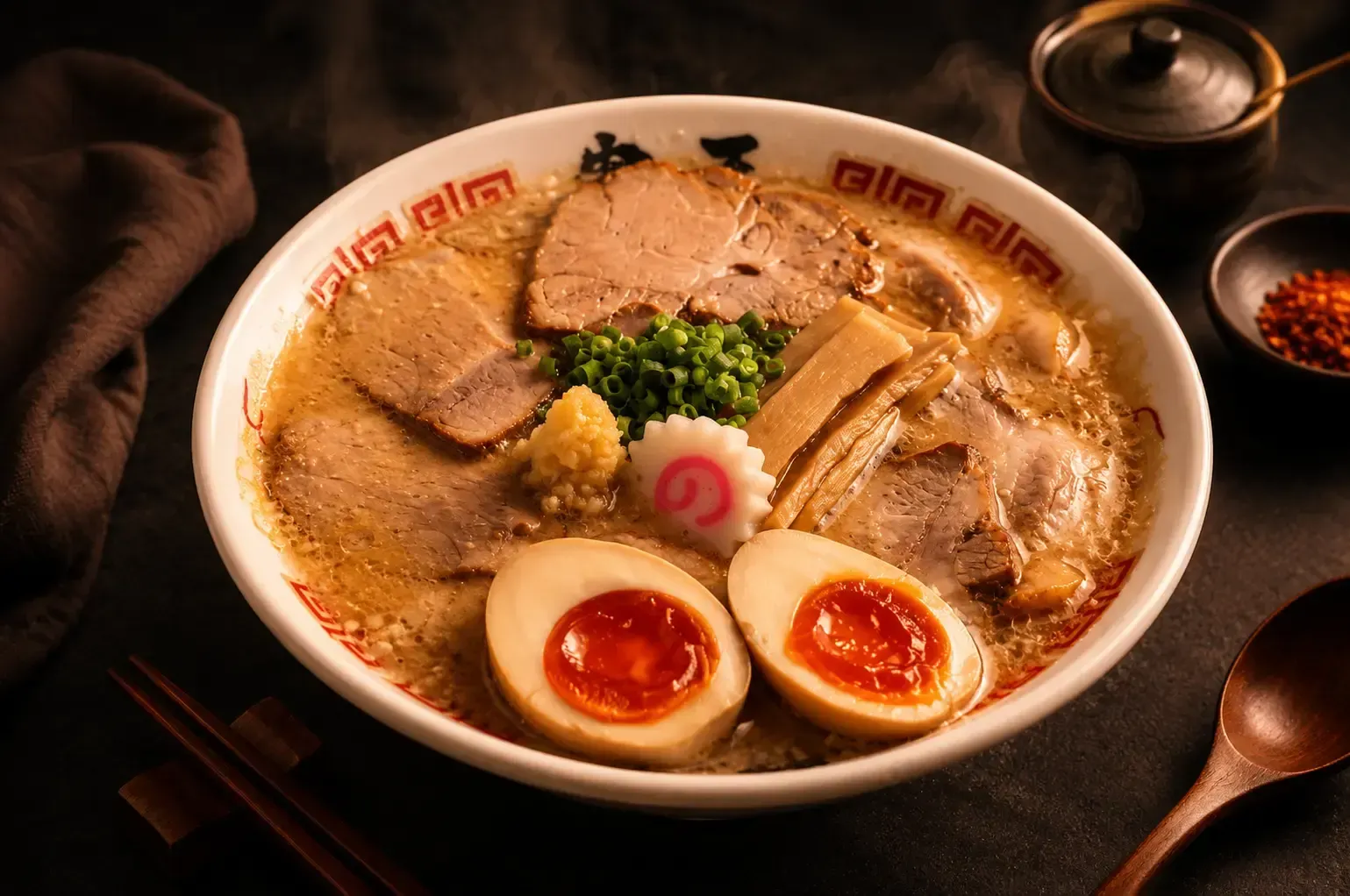 A bowl of ramen topped with sliced chashu pork, two soft-boiled egg halves, a narutomaki fish cake, bamboo shoots, and green onions.