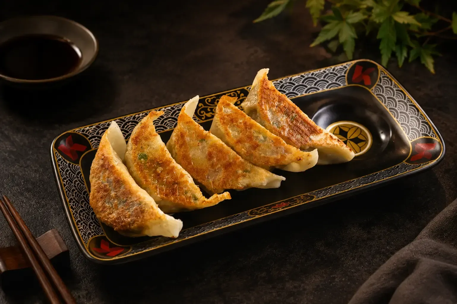Crispy Japanese gyoza dumplings, pan-fried potstickers appetizer served with soy sauce in a restaurant setting.