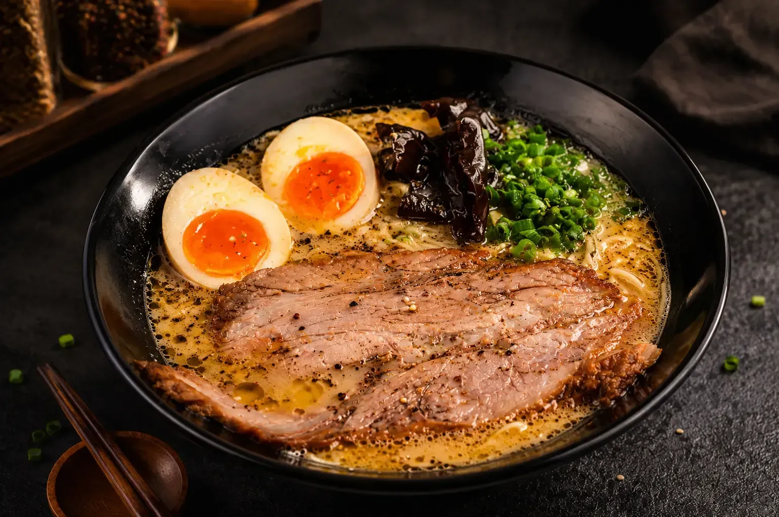 A bowl of ramen topped with sliced chashu pork, two soft-boiled egg halves, wood ear mushrooms, and chopped green onions.