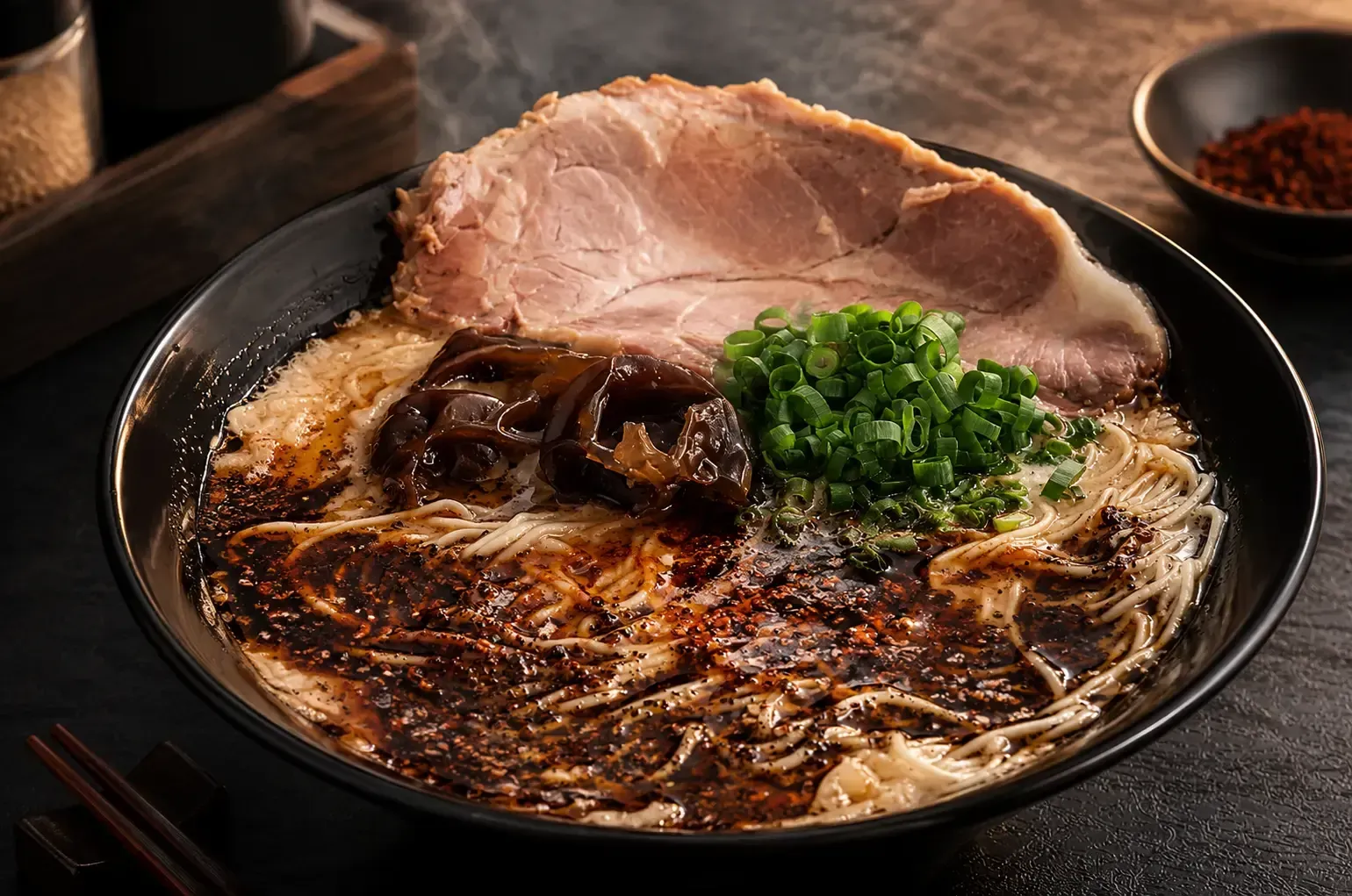 A bowl of spicy ramen topped with chashu pork, green onions, and wood ear mushrooms.