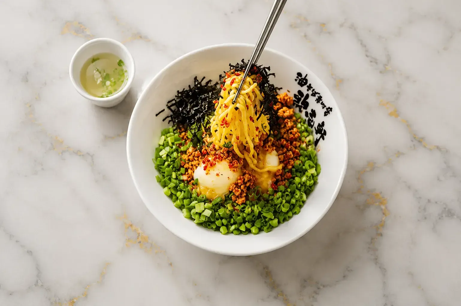 Overhead view of a Japanese noodle bowl topped with minced meat, chopped green onions, seaweed, and a soft-boiled egg, set on a marble surface.