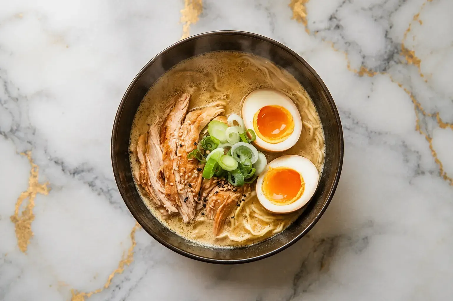A top-down view of a dark bowl of ramen with shredded chicken, two halves of a soft-boiled egg, and sliced green onions in a creamy broth, centered on a white and gold marble surface.