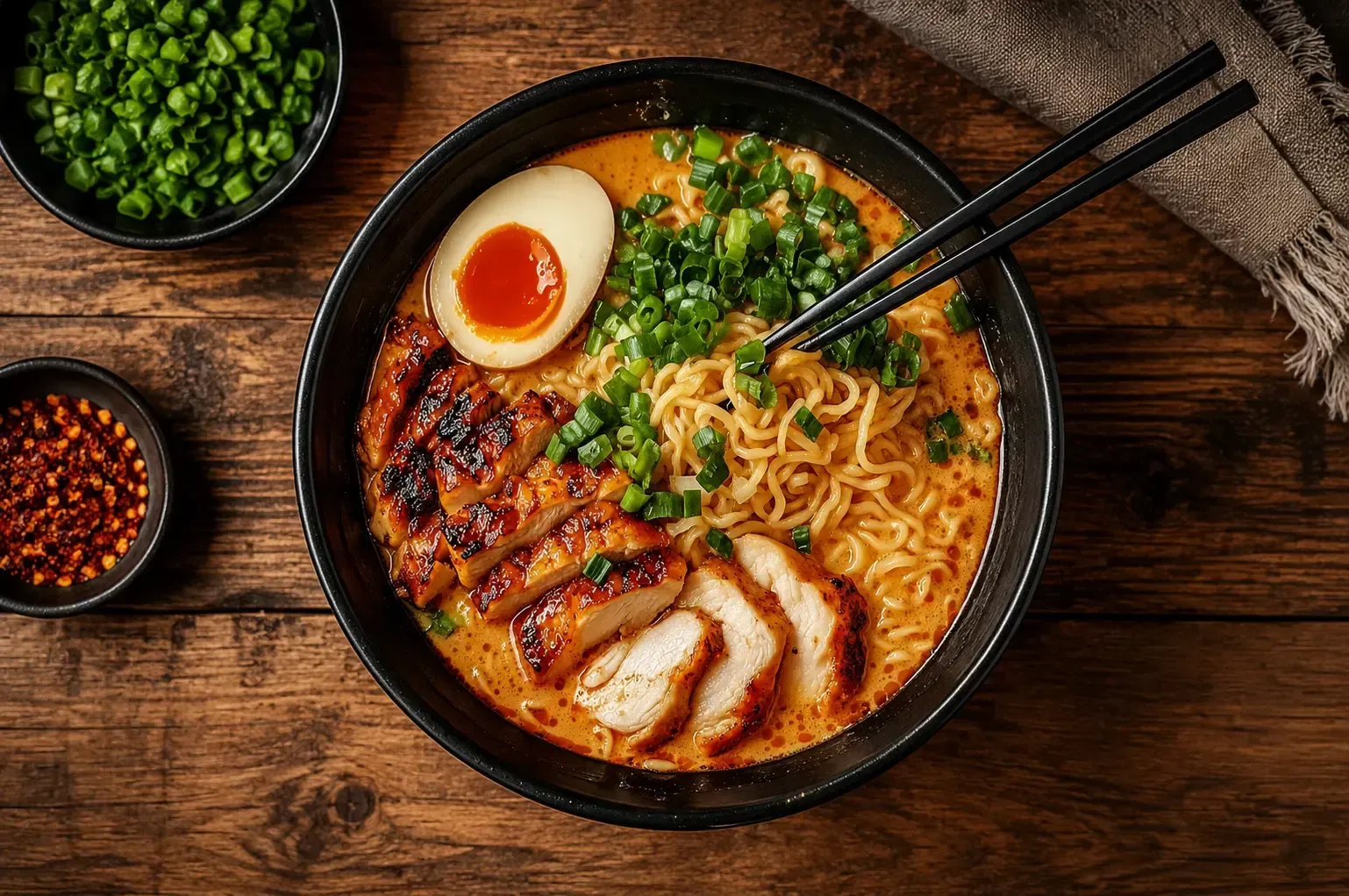A top-down view of a black bowl of spicy ramen with wavy noodles, sliced grilled chicken, a soft-boiled egg, and a heavy garnish of chopped green onions, set on a dark rustic wooden table.