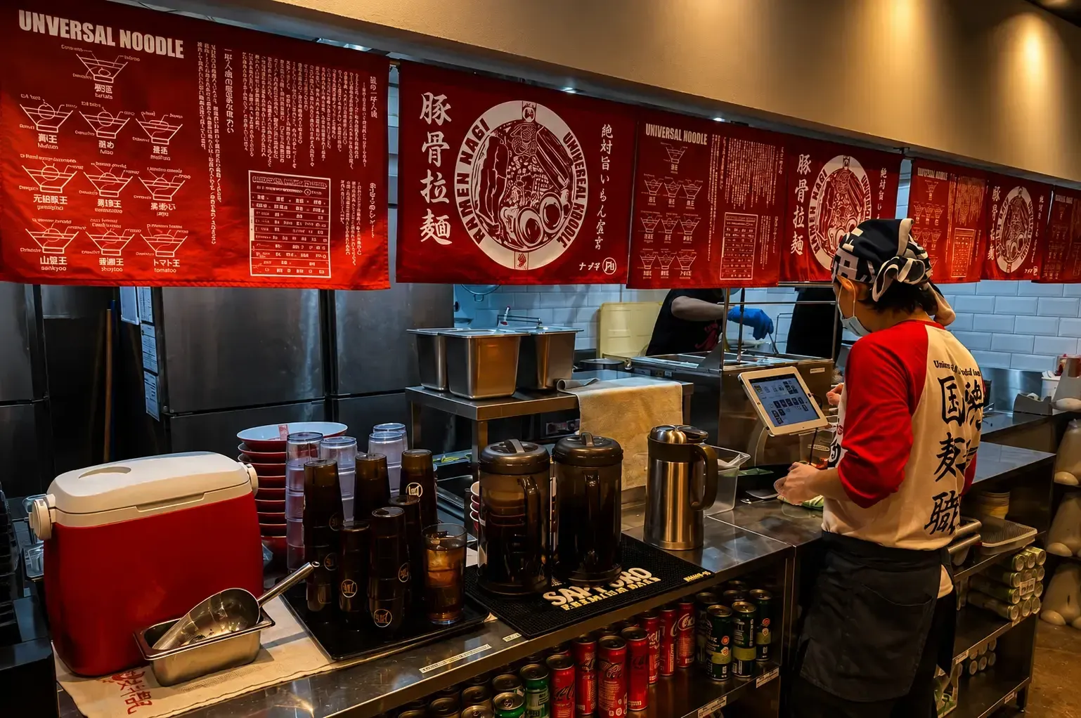 A Ramen Nagi kitchen station with a worker in a red and white shirt and headscarf operating a POS tablet, next to stacks of cups, beverage dispensers, and red banners hanging overhead.