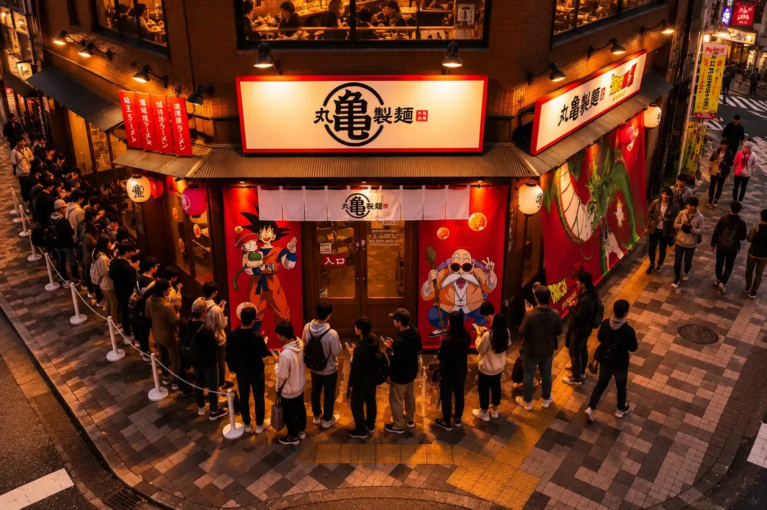 A high-angle, nighttime shot of a long queue of people waiting outside a Marugame Seimen restaurant decorated with a Dragon Ball theme, featuring large illustrations of Goku, Master Roshi, and Shenron on the storefront banners.